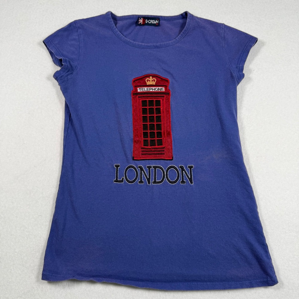 Y2K G-Crown London Telephone Booth Graphic Tee Purple Cap Sleeve Medium TYL-9052
